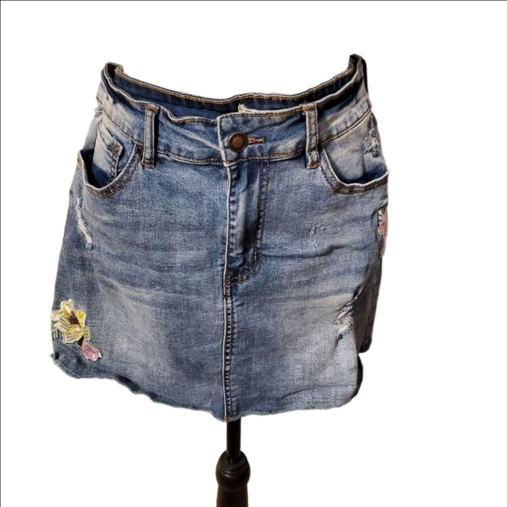 Angel Kiss Denim Mini Skirt Blue Floral Large
